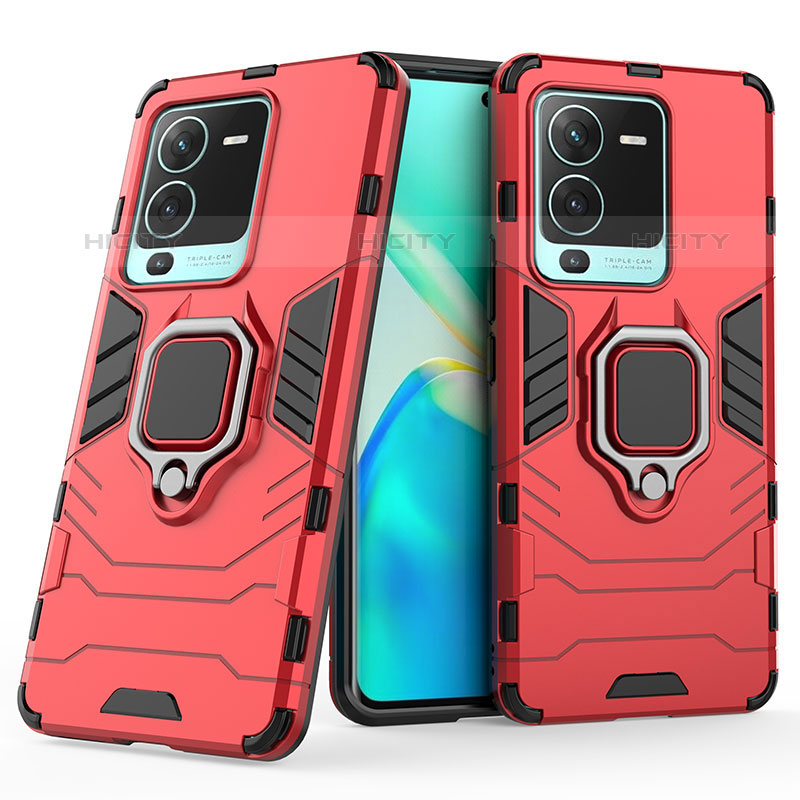 Funda Bumper Silicona y Plastico Mate Carcasa con Magnetico Anillo de dedo Soporte KC1 para Vivo V25 Pro 5G Rojo