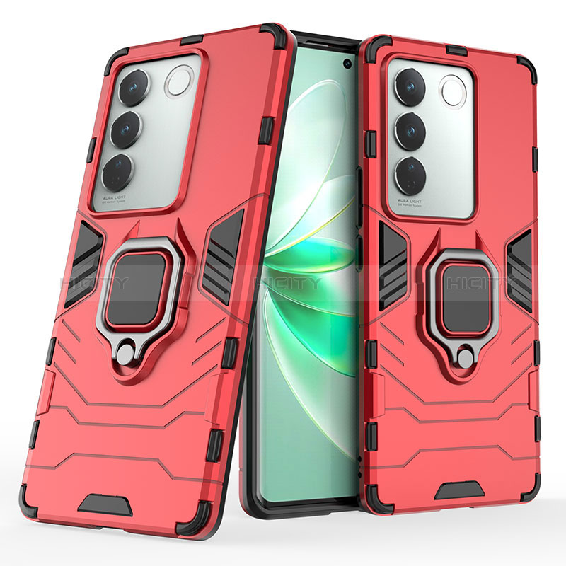 Funda Bumper Silicona y Plastico Mate Carcasa con Magnetico Anillo de dedo Soporte KC1 para Vivo V27 Pro 5G Rojo