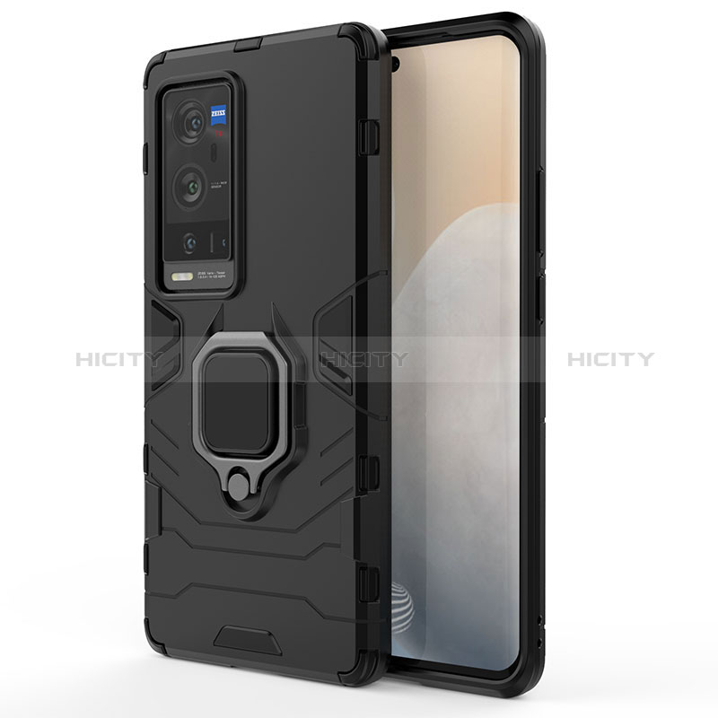 Funda Bumper Silicona y Plastico Mate Carcasa con Magnetico Anillo de dedo Soporte KC1 para Vivo X60 Pro+ Plus 5G Negro