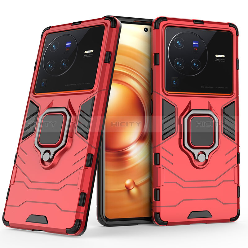 Funda Bumper Silicona y Plastico Mate Carcasa con Magnetico Anillo de dedo Soporte KC1 para Vivo X80 Pro 5G Rojo