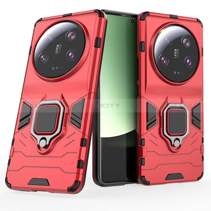 Funda Bumper Silicona y Plastico Mate Carcasa con Magnetico Anillo de dedo Soporte KC1 para Xiaomi Mi 13 Ultra 5G Rojo