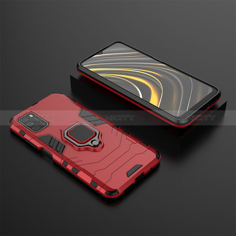 Funda Bumper Silicona y Plastico Mate Carcasa con Magnetico Anillo de dedo Soporte KC1 para Xiaomi Poco M3 Rojo