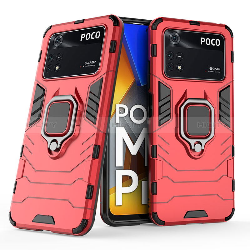 Funda Bumper Silicona y Plastico Mate Carcasa con Magnetico Anillo de dedo Soporte KC1 para Xiaomi Poco M4 Pro 4G