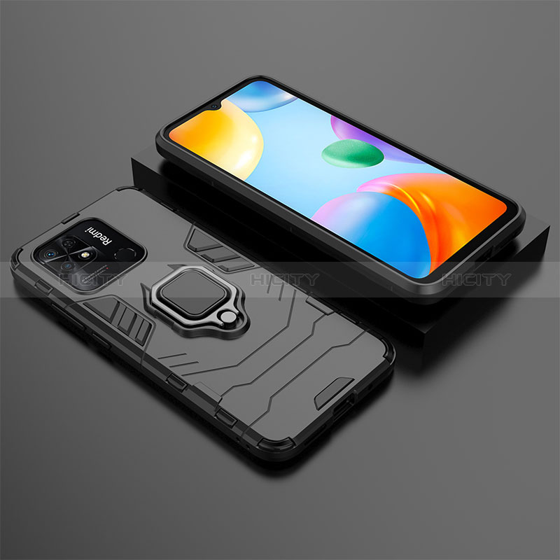 Funda Bumper Silicona y Plastico Mate Carcasa con Magnetico Anillo de dedo Soporte KC1 para Xiaomi Redmi 10 Power Negro