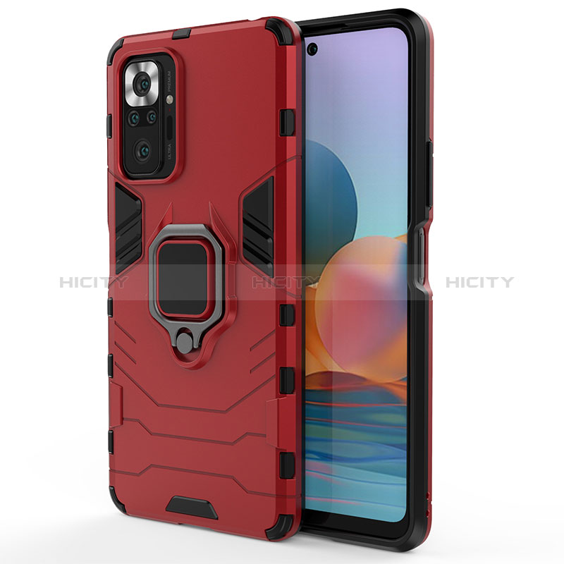 Funda Bumper Silicona y Plastico Mate Carcasa con Magnetico Anillo de dedo Soporte KC1 para Xiaomi Redmi Note 10 Pro 4G Rojo