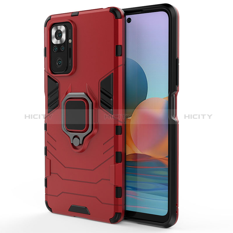 Funda Bumper Silicona y Plastico Mate Carcasa con Magnetico Anillo de dedo Soporte KC1 para Xiaomi Redmi Note 10 Pro Max Rojo