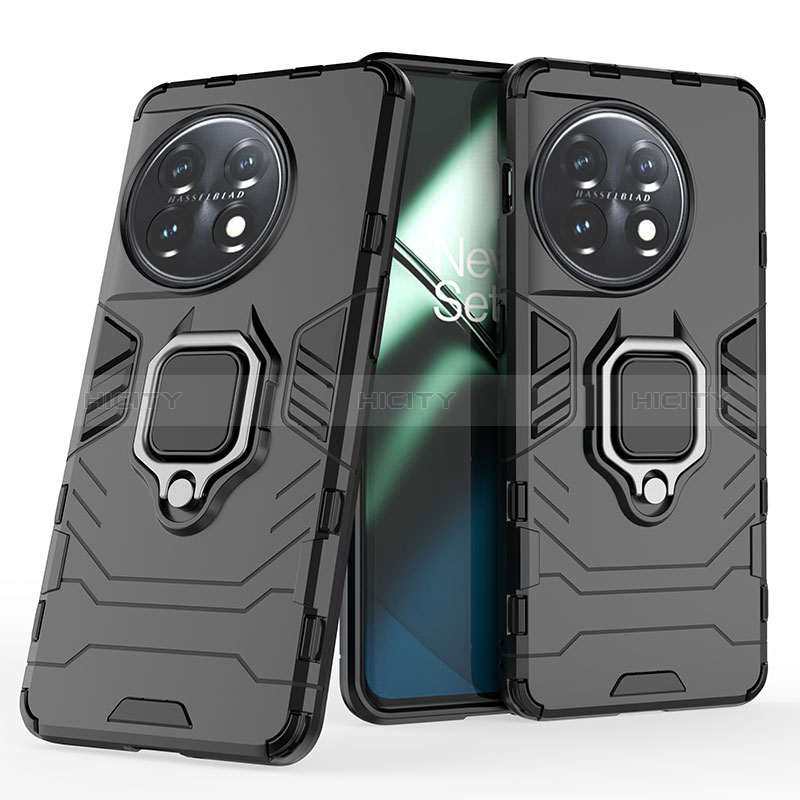 Funda Bumper Silicona y Plastico Mate Carcasa con Magnetico Anillo de dedo Soporte KC2 para OnePlus 11 5G Negro