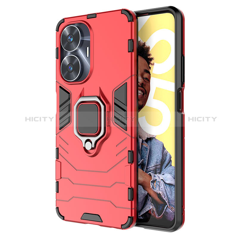 Funda Bumper Silicona y Plastico Mate Carcasa con Magnetico Anillo de dedo Soporte KC2 para Realme C55 Rojo