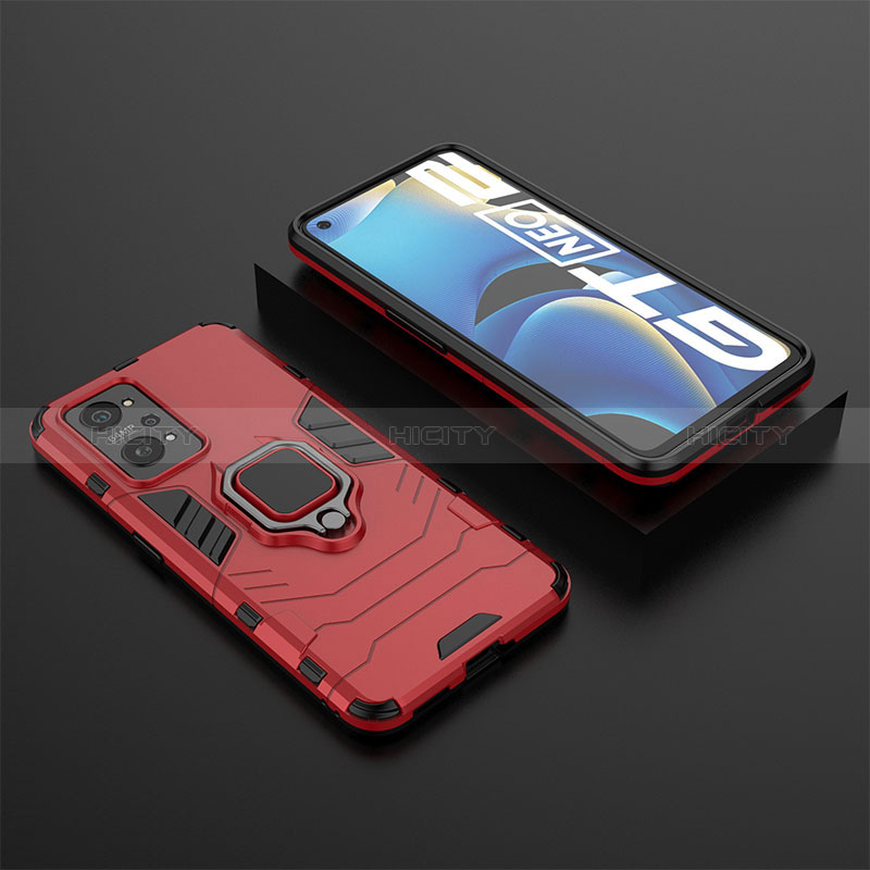 Funda Bumper Silicona y Plastico Mate Carcasa con Magnetico Anillo de dedo Soporte KC2 para Realme GT Neo 3T 5G Rojo