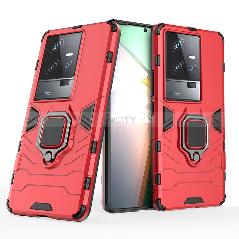 Funda Bumper Silicona y Plastico Mate Carcasa con Magnetico Anillo de dedo Soporte KC2 para Vivo iQOO 11 Pro 5G Rojo