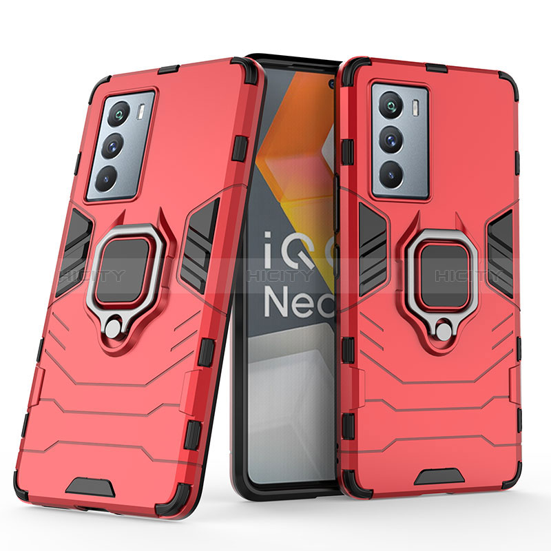 Funda Bumper Silicona y Plastico Mate Carcasa con Magnetico Anillo de dedo Soporte KC2 para Vivo iQOO 9 SE 5G Rojo