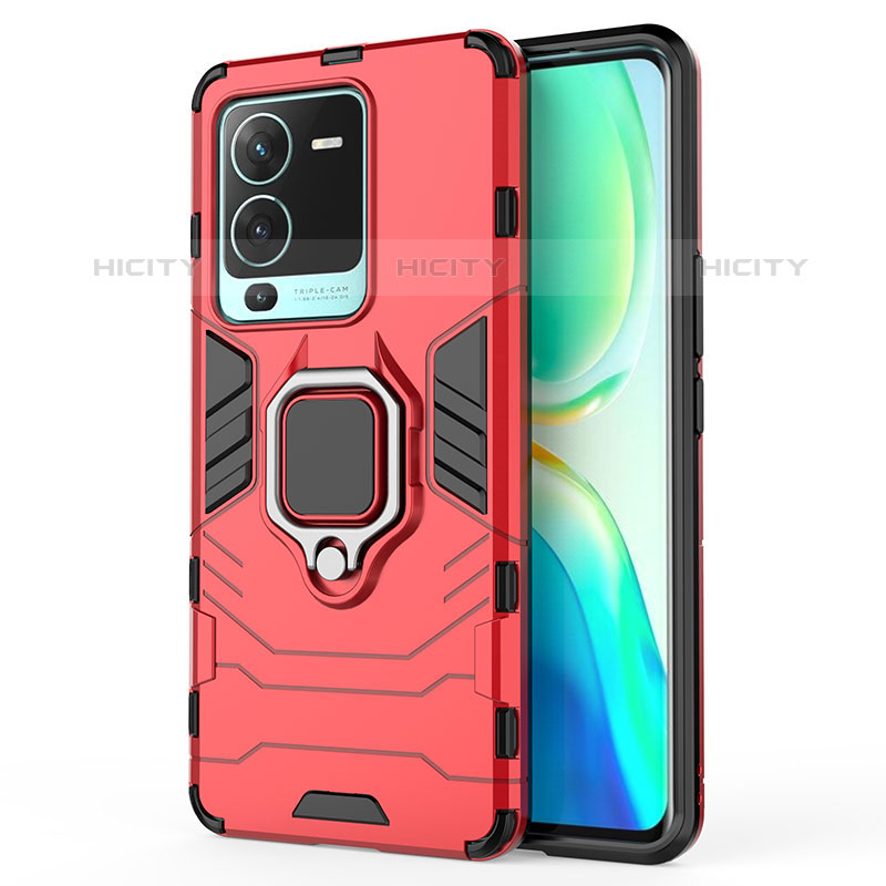 Funda Bumper Silicona y Plastico Mate Carcasa con Magnetico Anillo de dedo Soporte KC2 para Vivo V25 Pro 5G Rojo