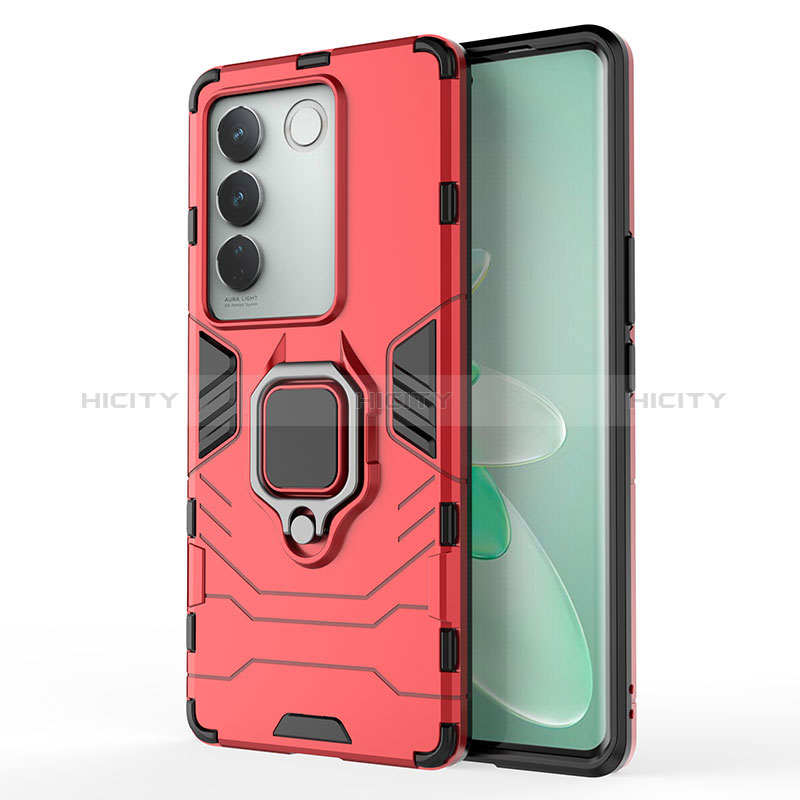 Funda Bumper Silicona y Plastico Mate Carcasa con Magnetico Anillo de dedo Soporte KC2 para Vivo V27 5G Rojo