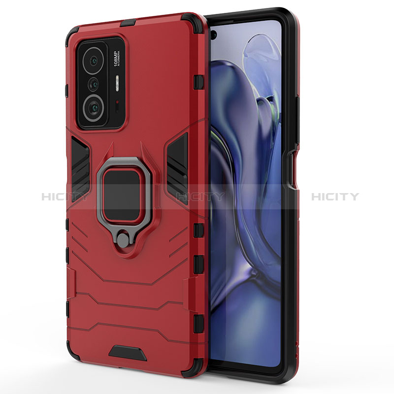 Funda Bumper Silicona y Plastico Mate Carcasa con Magnetico Anillo de dedo Soporte KC2 para Xiaomi Mi 11T 5G Rojo