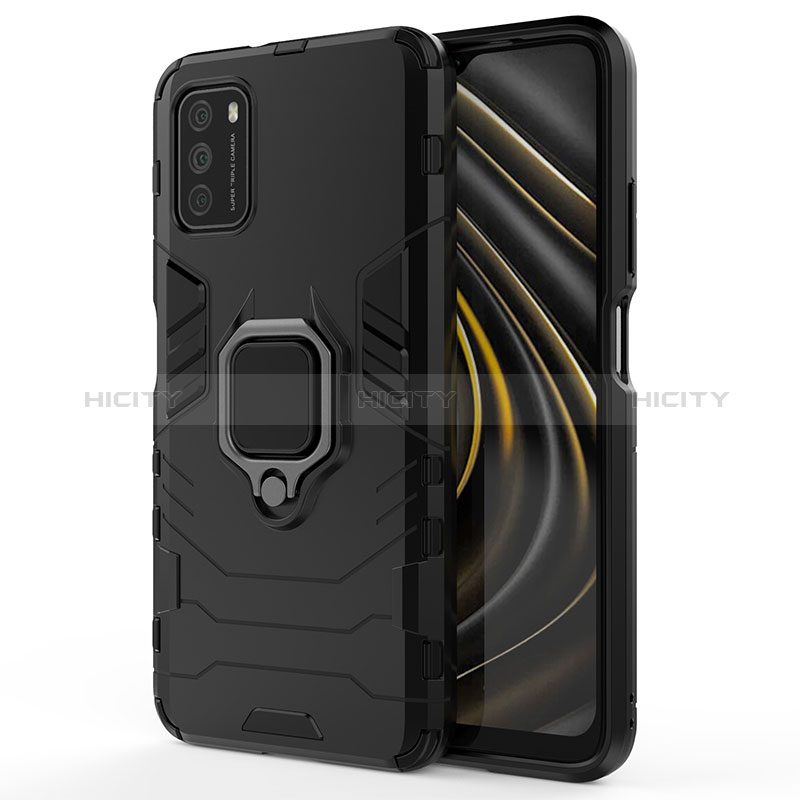 Funda Bumper Silicona y Plastico Mate Carcasa con Magnetico Anillo de dedo Soporte KC2 para Xiaomi Poco M3 Negro