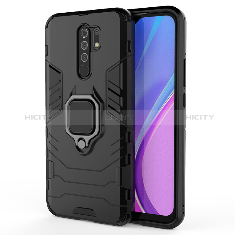 Funda Bumper Silicona y Plastico Mate Carcasa con Magnetico Anillo de dedo Soporte KC2 para Xiaomi Redmi 9 Prime India Negro