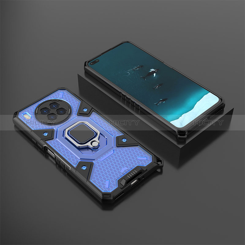 Funda Bumper Silicona y Plastico Mate Carcasa con Magnetico Anillo de dedo Soporte KC3 para Huawei Nova 8i Azul