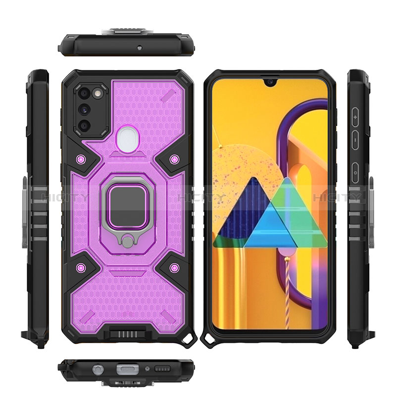 Funda Bumper Silicona y Plastico Mate Carcasa con Magnetico Anillo de dedo Soporte KC3 para Samsung Galaxy M21 Morado