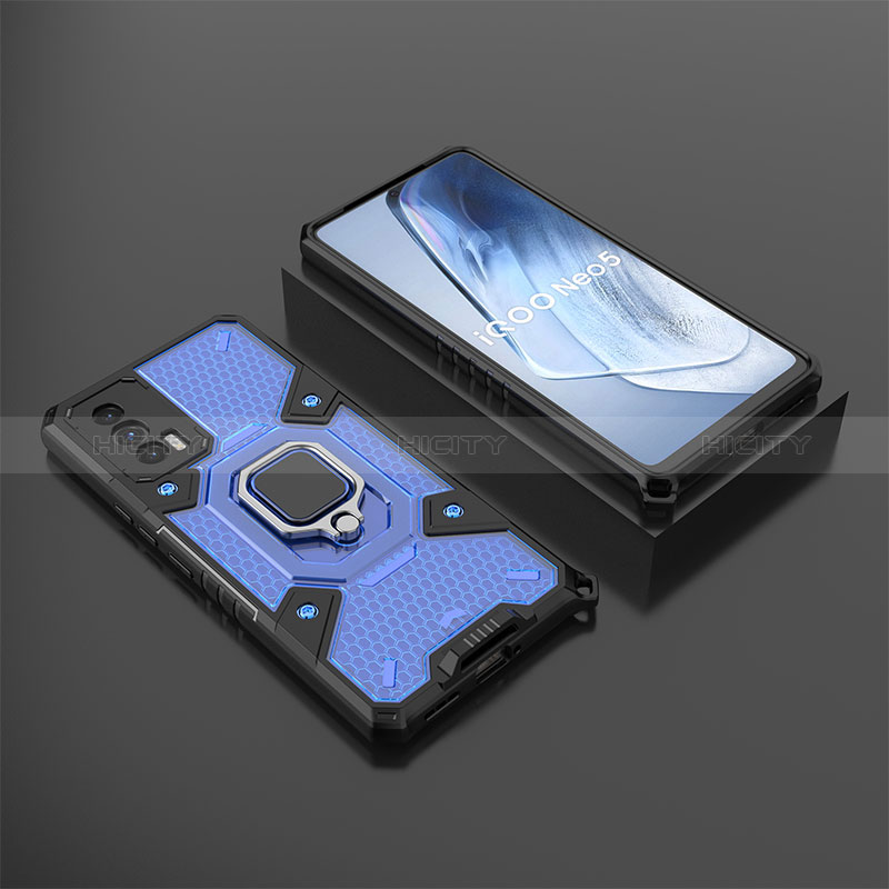 Funda Bumper Silicona y Plastico Mate Carcasa con Magnetico Anillo de dedo Soporte KC3 para Vivo iQOO 7 India 5G Azul