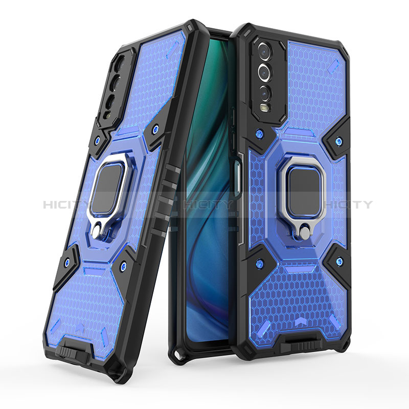 Funda Bumper Silicona y Plastico Mate Carcasa con Magnetico Anillo de dedo Soporte KC3 para Vivo Y11s Azul