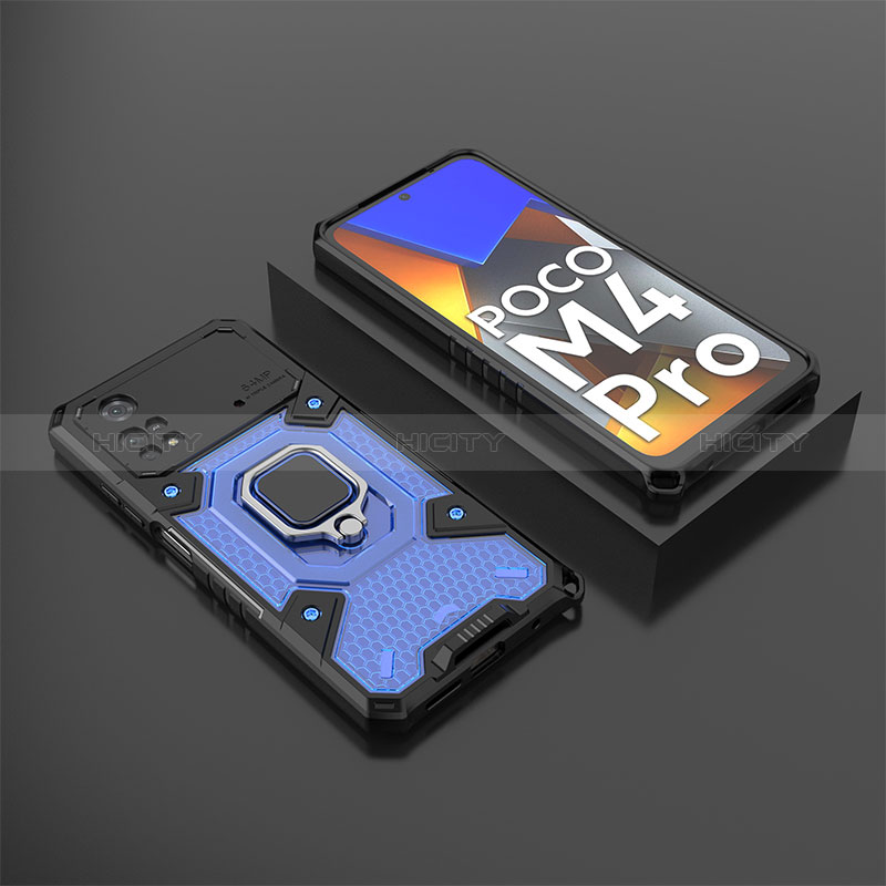 Funda Bumper Silicona y Plastico Mate Carcasa con Magnetico Anillo de dedo Soporte KC3 para Xiaomi Poco M4 Pro 4G Azul