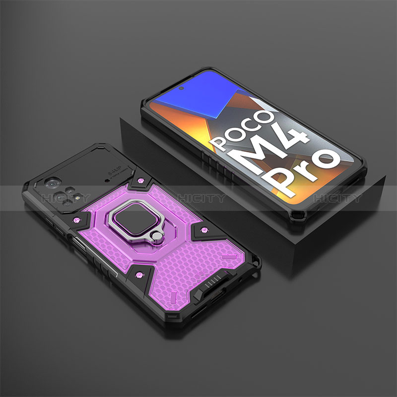 Funda Bumper Silicona y Plastico Mate Carcasa con Magnetico Anillo de dedo Soporte KC3 para Xiaomi Poco M4 Pro 4G Morado