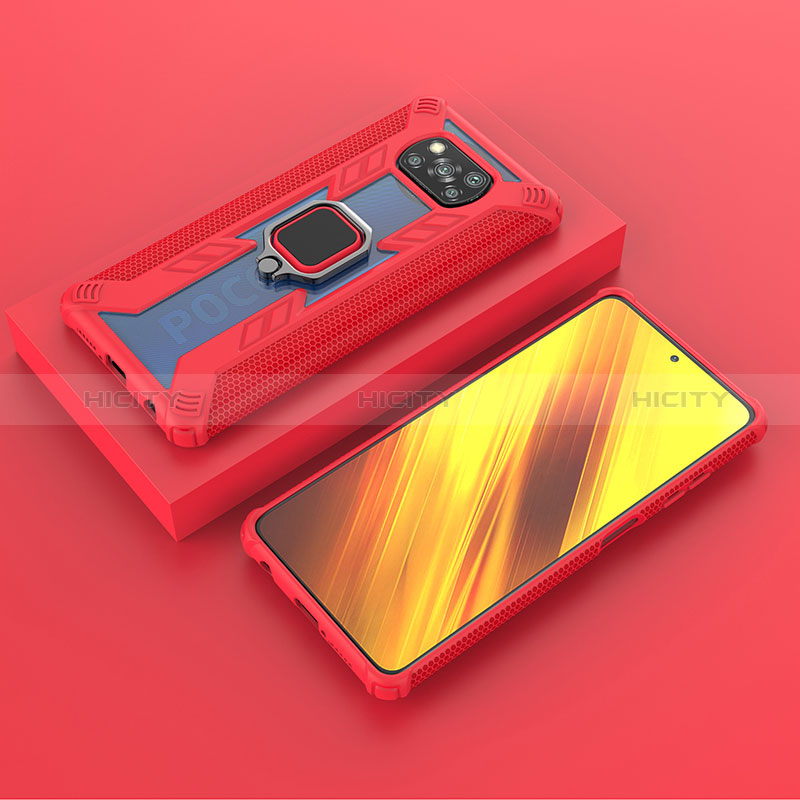 Funda Bumper Silicona y Plastico Mate Carcasa con Magnetico Anillo de dedo Soporte KC3 para Xiaomi Poco X3 NFC Rojo