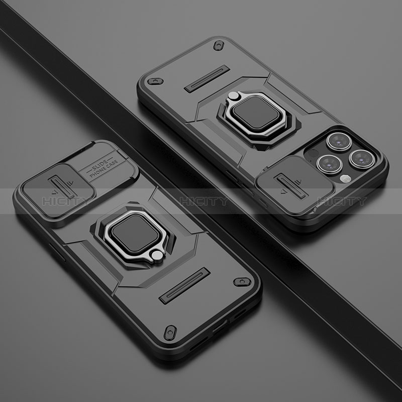 Funda Bumper Silicona y Plastico Mate Carcasa con Magnetico Anillo de dedo Soporte KC4 para Apple iPhone 13 Pro Max Negro