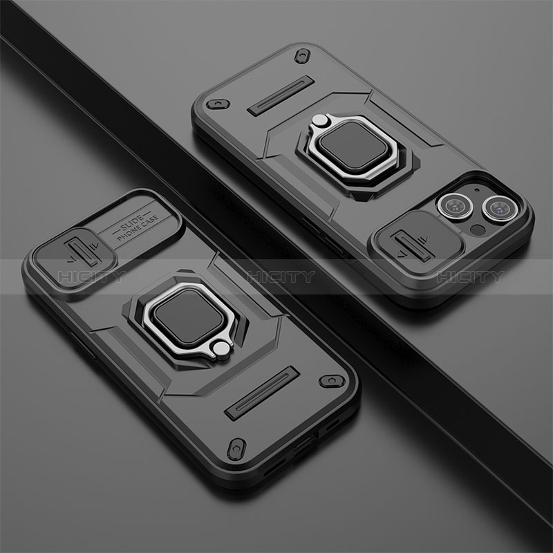 Funda Bumper Silicona y Plastico Mate Carcasa con Magnetico Anillo de dedo Soporte KC4 para Apple iPhone 14 Negro