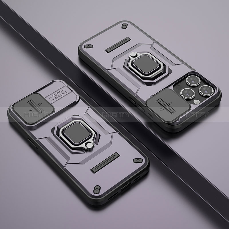 Funda Bumper Silicona y Plastico Mate Carcasa con Magnetico Anillo de dedo Soporte KC4 para Apple iPhone 14 Pro Morado