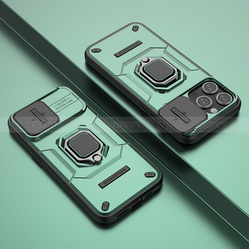 Funda Bumper Silicona y Plastico Mate Carcasa con Magnetico Anillo de dedo Soporte KC4 para Apple iPhone 14 Pro Verde