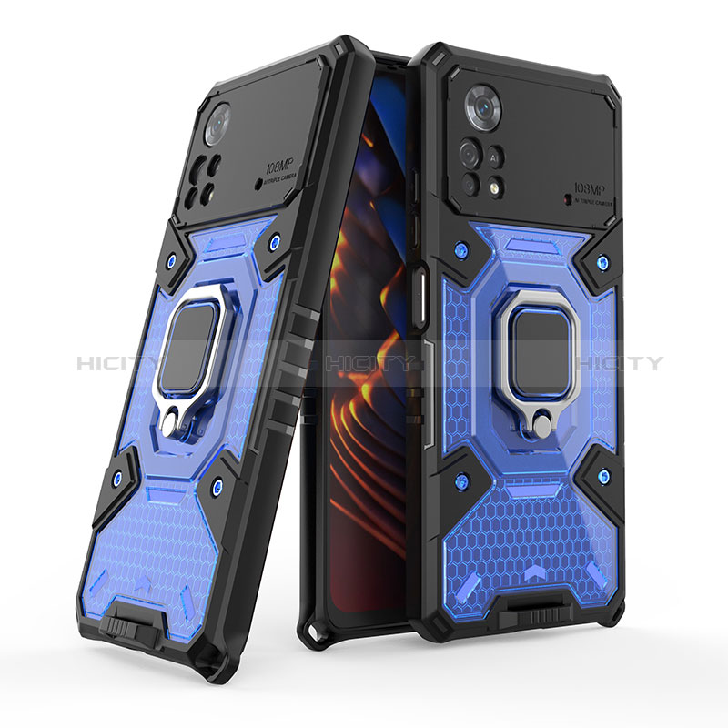 Funda Bumper Silicona y Plastico Mate Carcasa con Magnetico Anillo de dedo Soporte KC4 para Xiaomi Poco X4 Pro 5G Azul