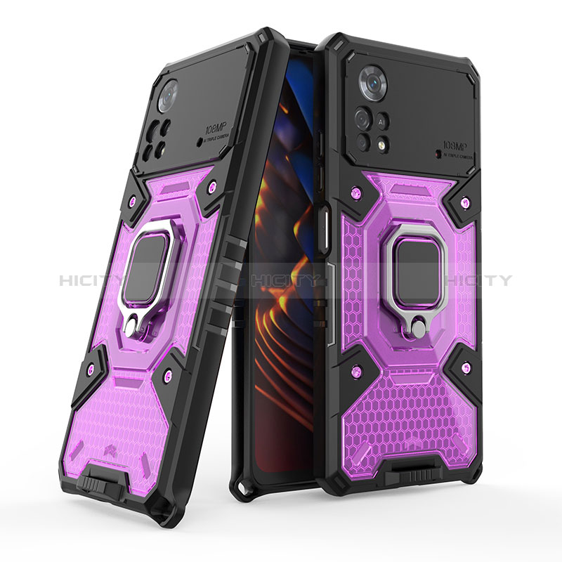 Funda Bumper Silicona y Plastico Mate Carcasa con Magnetico Anillo de dedo Soporte KC4 para Xiaomi Poco X4 Pro 5G Morado