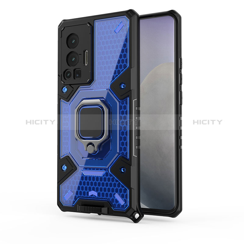 Funda Bumper Silicona y Plastico Mate Carcasa con Magnetico Anillo de dedo Soporte KC5 para Vivo X70 Pro 5G Azul