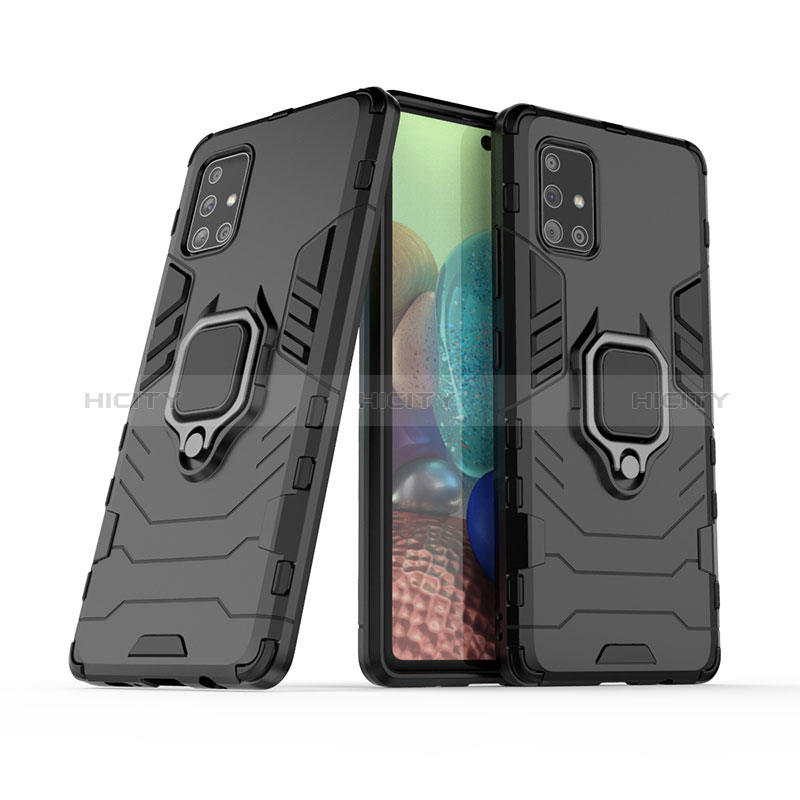 Funda Bumper Silicona y Plastico Mate Carcasa con Magnetico Anillo de dedo Soporte KC6 para Samsung Galaxy A71 5G Negro