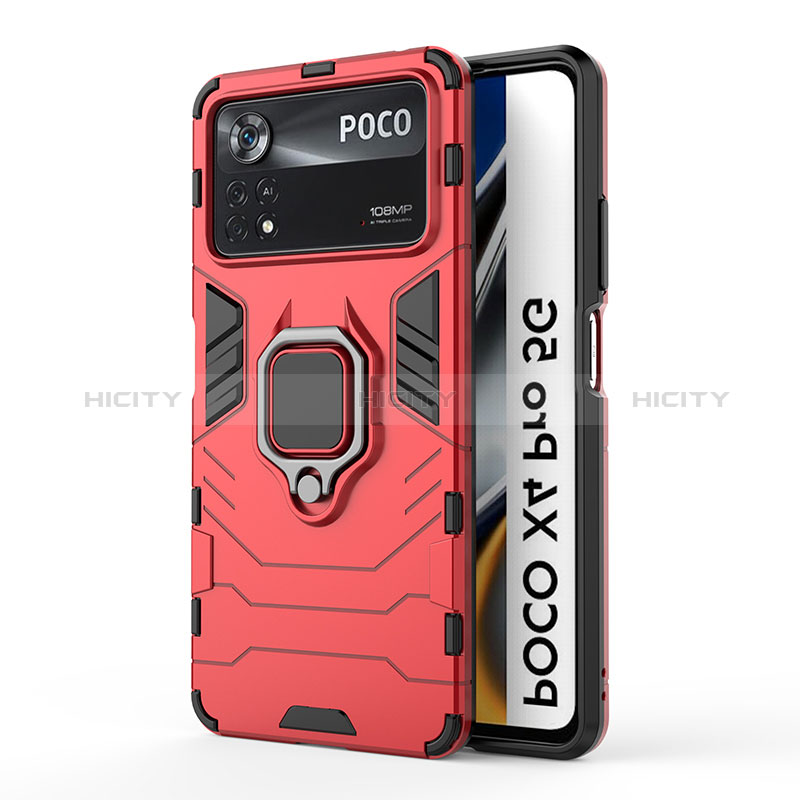 Funda Bumper Silicona y Plastico Mate Carcasa con Magnetico Anillo de dedo Soporte KC6 para Xiaomi Poco X4 Pro 5G Rojo