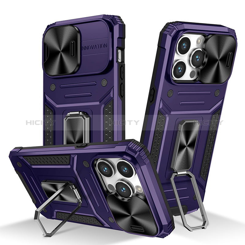 Funda Bumper Silicona y Plastico Mate Carcasa con Magnetico Anillo de dedo Soporte KC7 para Apple iPhone 13 Pro Max Morado