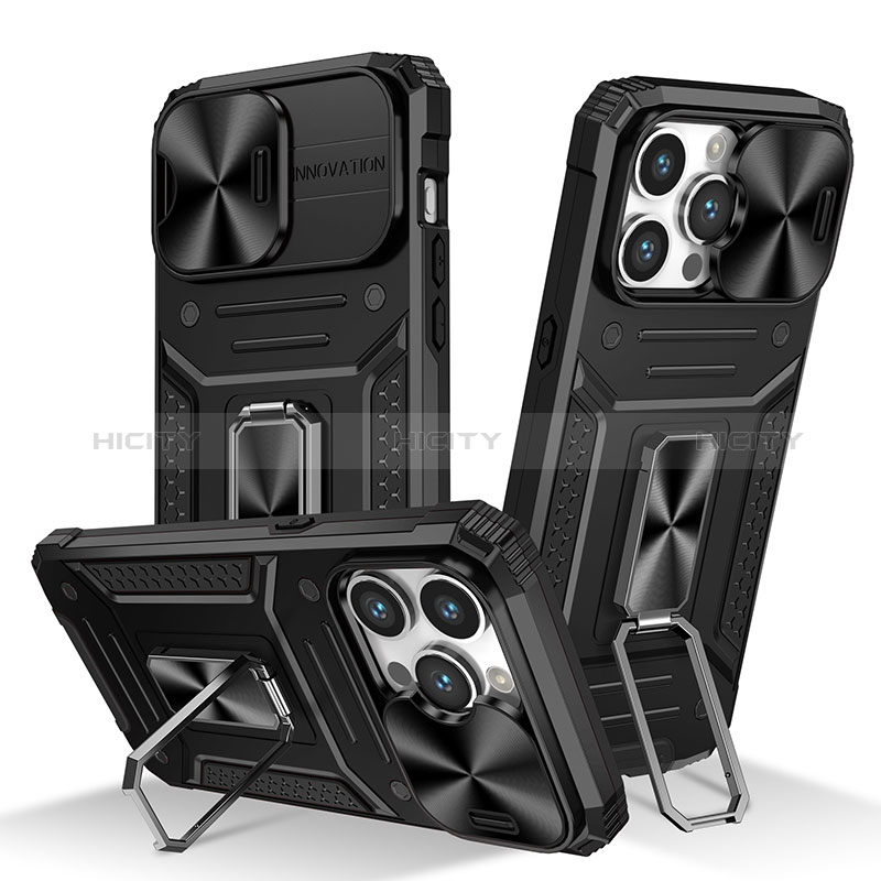 Funda Bumper Silicona y Plastico Mate Carcasa con Magnetico Anillo de dedo Soporte KC7 para Apple iPhone 13 Pro Max Negro