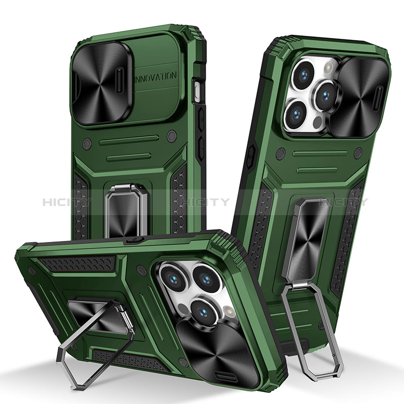 Funda Bumper Silicona y Plastico Mate Carcasa con Magnetico Anillo de dedo Soporte KC7 para Apple iPhone 13 Pro Max Verde