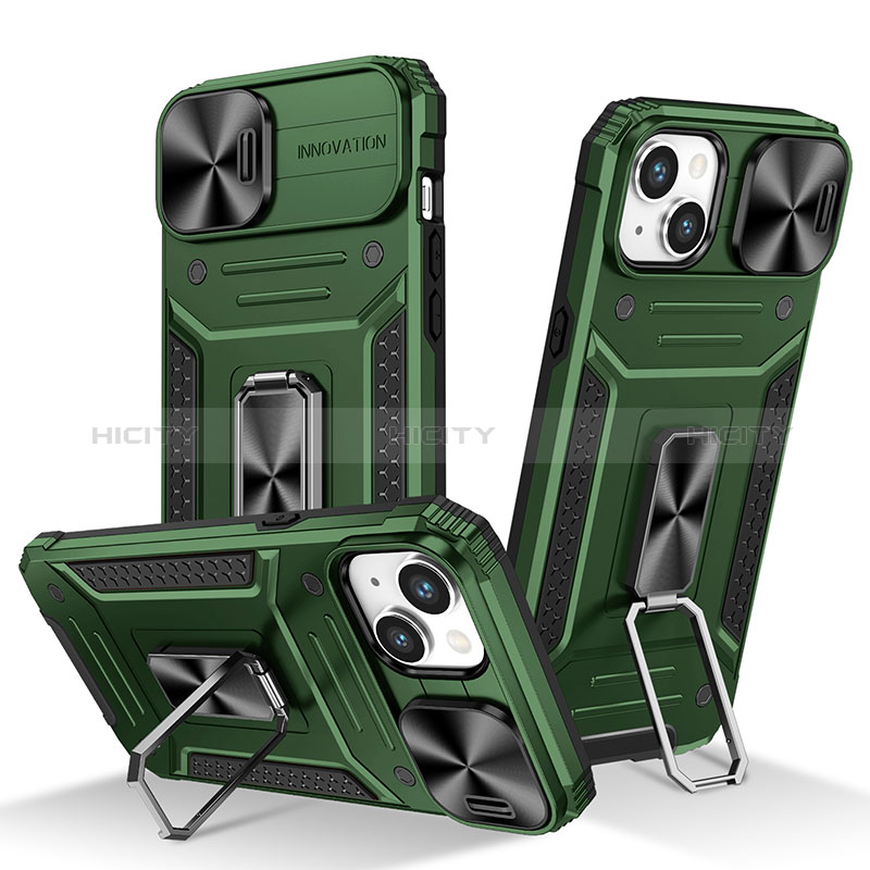 Funda Bumper Silicona y Plastico Mate Carcasa con Magnetico Anillo de dedo Soporte KC7 para Apple iPhone 13 Verde