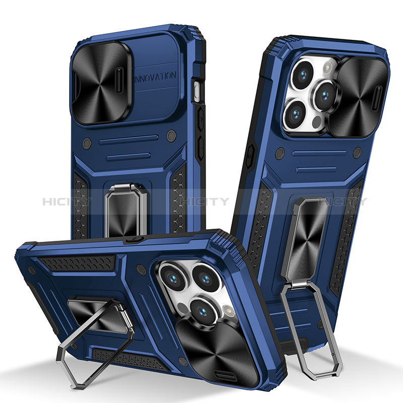 Funda Bumper Silicona y Plastico Mate Carcasa con Magnetico Anillo de dedo Soporte KC7 para Apple iPhone 14 Pro Max Azul