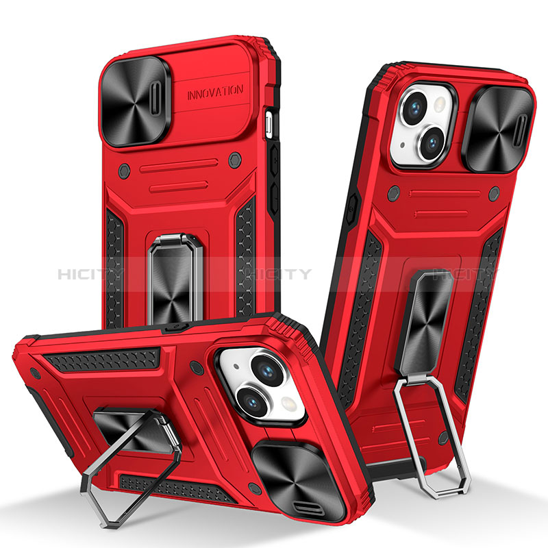 Funda Bumper Silicona y Plastico Mate Carcasa con Magnetico Anillo de dedo Soporte KC7 para Apple iPhone 14 Rojo