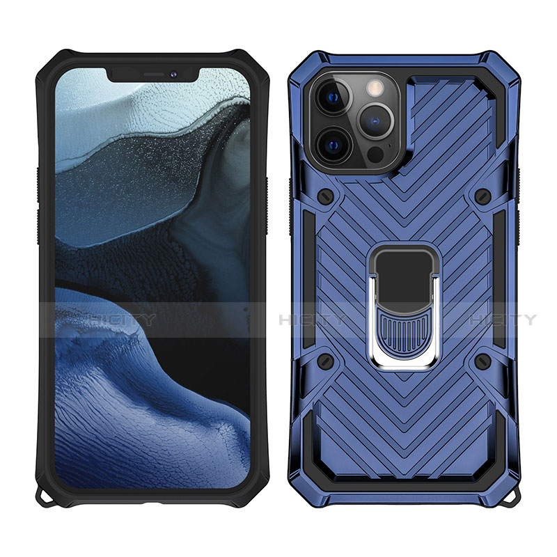 Funda Bumper Silicona y Plastico Mate Carcasa con Magnetico Anillo de dedo Soporte M01 para Apple iPhone 12 Pro Azul