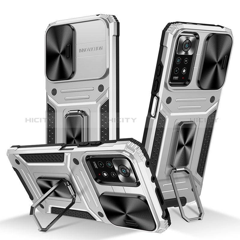 Funda Bumper Silicona y Plastico Mate Carcasa con Magnetico Anillo de dedo Soporte M01Q para Xiaomi Redmi Note 11 Pro 4G Plata