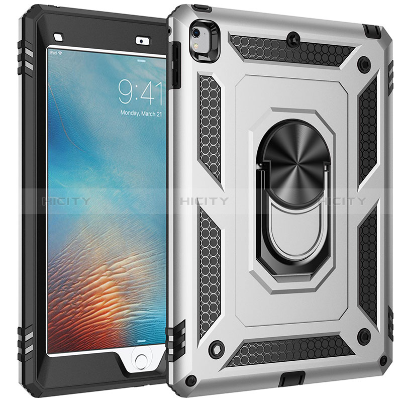 Funda Bumper Silicona y Plastico Mate Carcasa con Magnetico Anillo de dedo Soporte MQ1 para Apple iPad Air 2 Plata