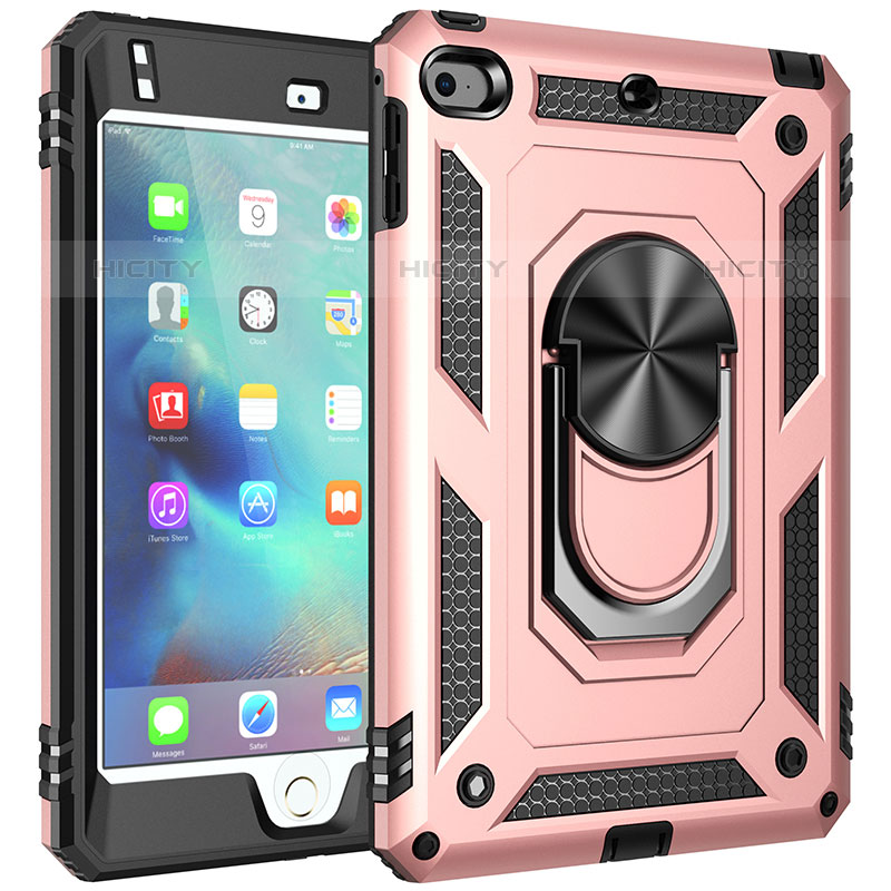 Funda Bumper Silicona y Plastico Mate Carcasa con Magnetico Anillo de dedo Soporte MQ1 para Apple iPad Mini 4 Oro Rosa