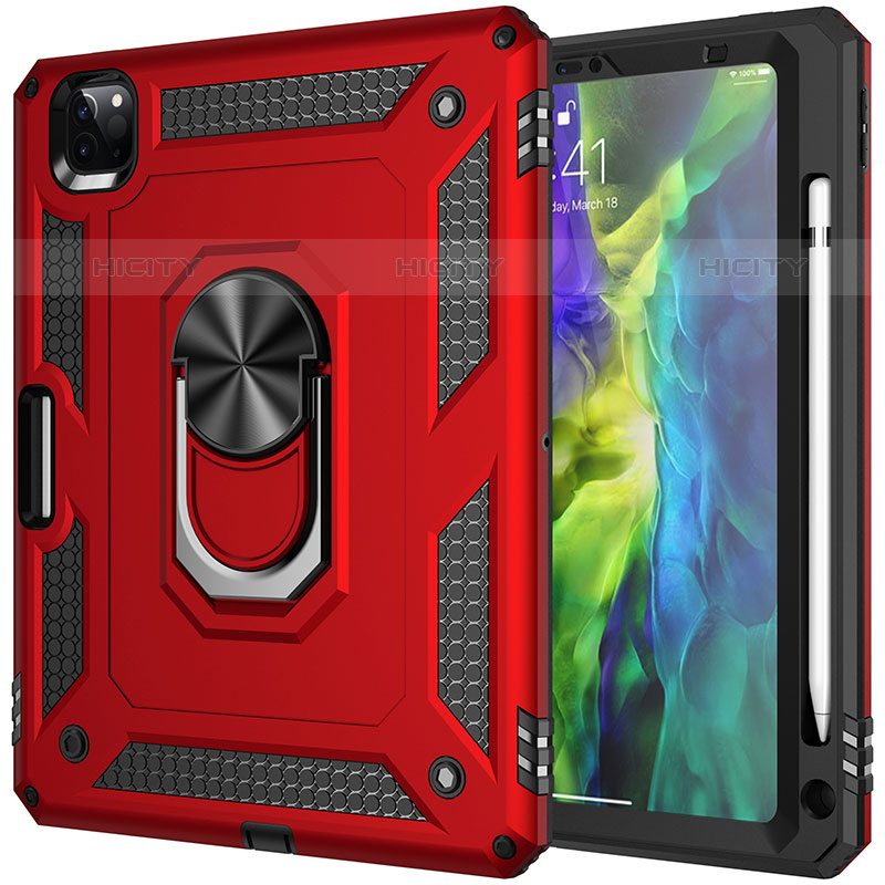 Funda Bumper Silicona y Plastico Mate Carcasa con Magnetico Anillo de dedo Soporte MQ1 para Apple iPad Pro 11 (2021) Rojo