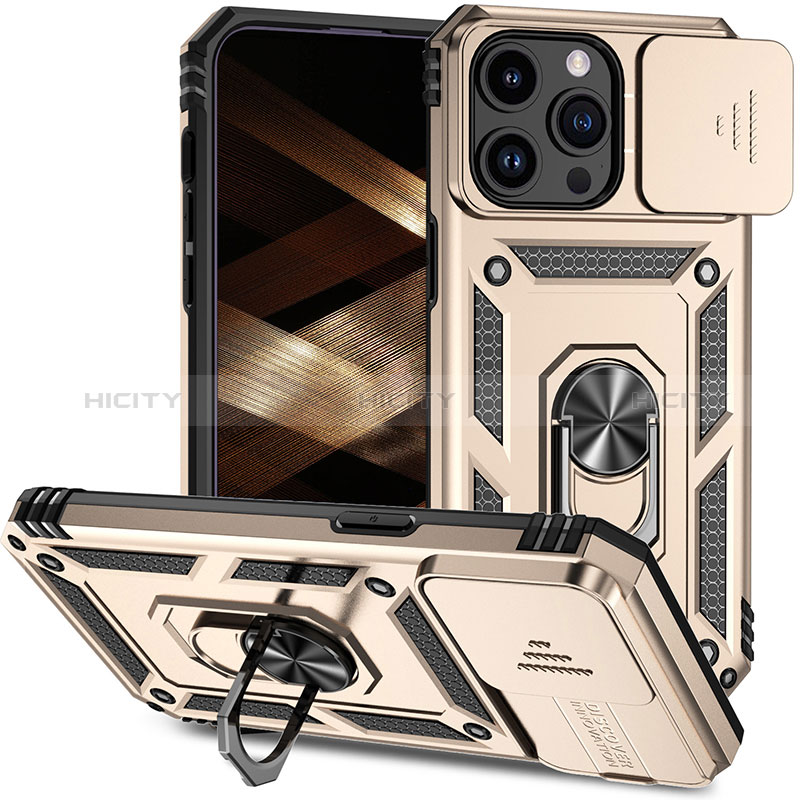 Funda Bumper Silicona y Plastico Mate Carcasa con Magnetico Anillo de dedo Soporte MQ1 para Apple iPhone 13 Pro Oro