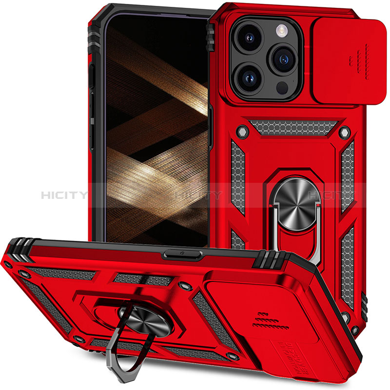 Funda Bumper Silicona y Plastico Mate Carcasa con Magnetico Anillo de dedo Soporte MQ1 para Apple iPhone 13 Pro Rojo