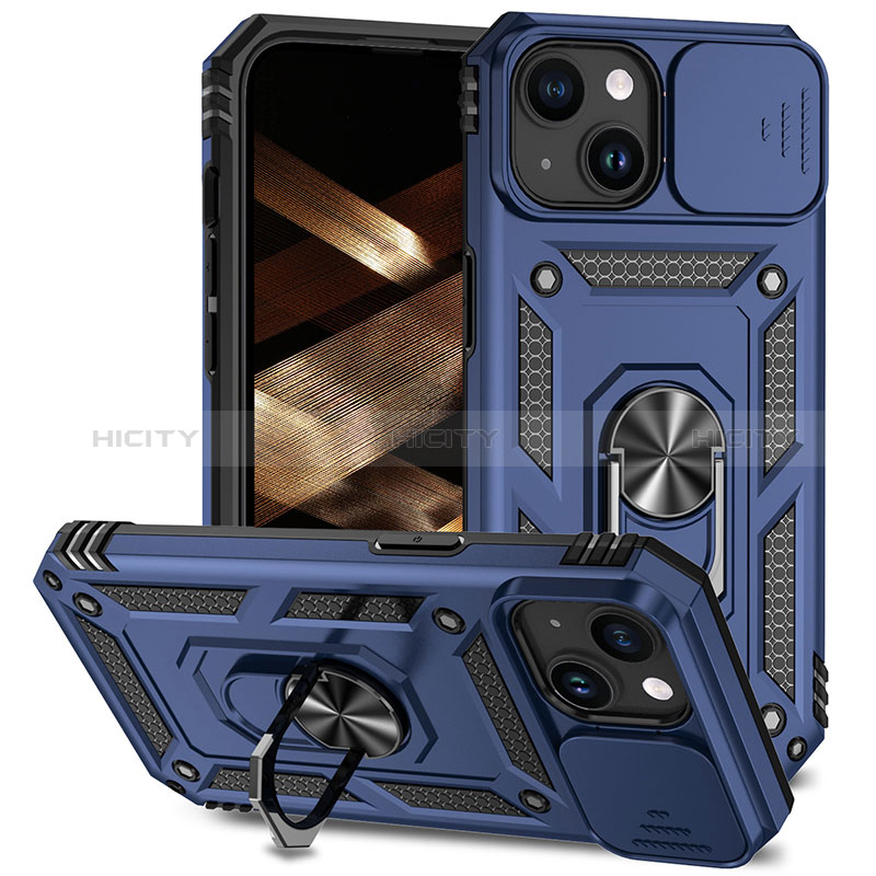 Funda Bumper Silicona y Plastico Mate Carcasa con Magnetico Anillo de dedo Soporte MQ1 para Apple iPhone 14 Azul